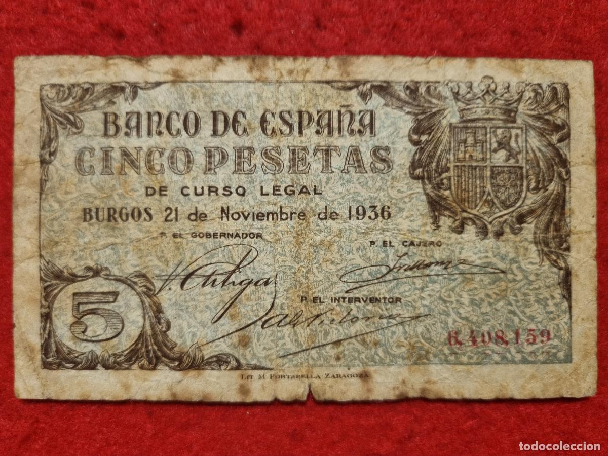 Banconote spagnole: BILLETE 5 PESETAS BURGOS 1936 MBC-- SIN SERIE ESCASO ORIGINAL T159