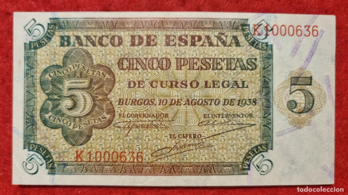 Billetes espa&ntilde;oles: BILLETE 5 PESETAS BURGOS 1938 SIN CIRCULAR PLANCHA SERIE K ORIGINAL T636