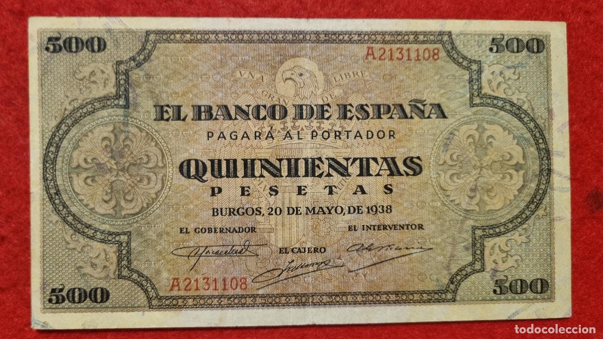 Billetes espa&ntilde;oles: BILLETE 500 PESETAS BURGOS 1938 MBC SERIE A ORIGINAL T108
