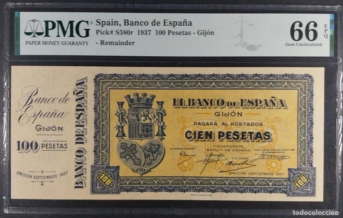 Billetes espa&ntilde;oles: PMG BILLETE DE 100 PESETAS GIJ&Oacute;N 1937 CON MATRIZ PMG 66 EPQ CERTIFICADO SIN CIRCULAR
