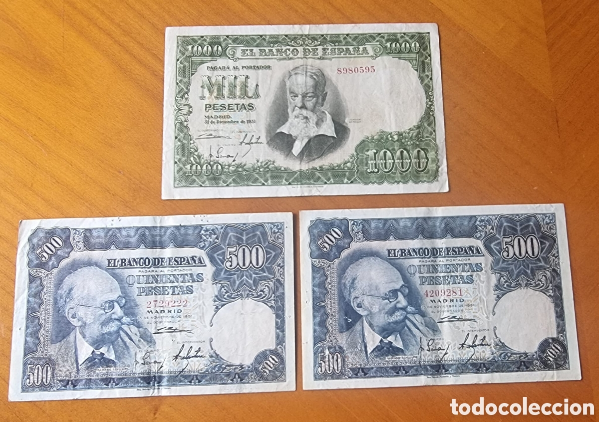 Billetes espa&ntilde;oles: Lote tres billetes espa&ntilde;oles 500 y 1000 pesetas sin serie