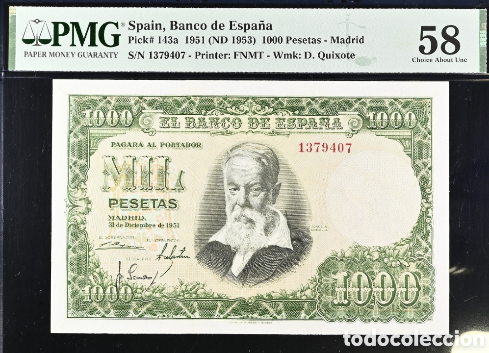 Billets espagnols: Billete 1000 PESETAS 1951 -J. SOROLLA- PMG 58, sin serie