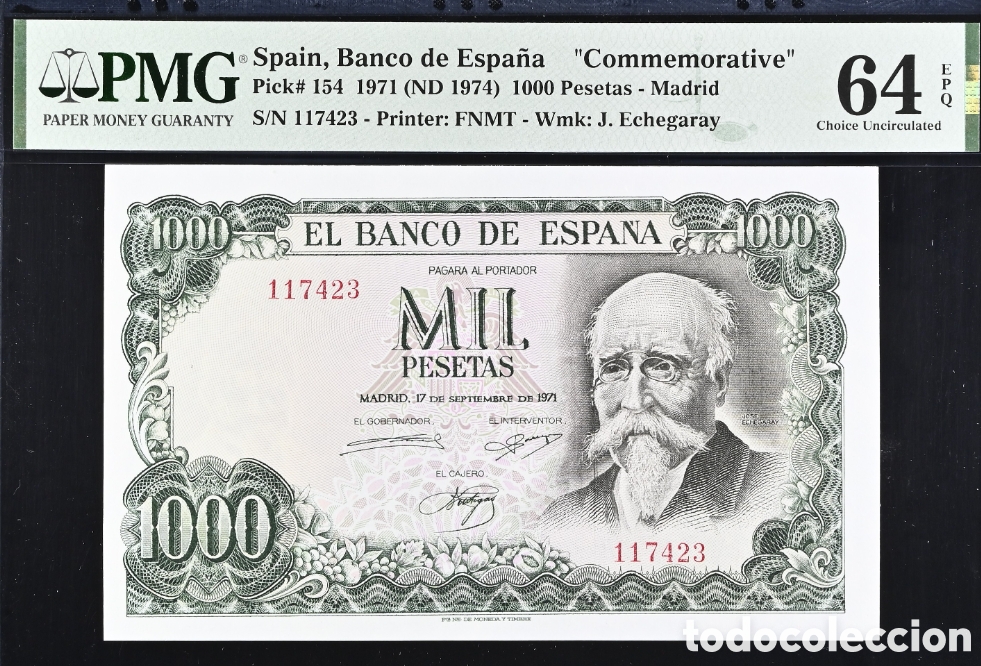 Billets espagnols: Billete 1000 PESETAS 1971 -J. ECHEGARAY- PMG 64 EPQ, sin serie