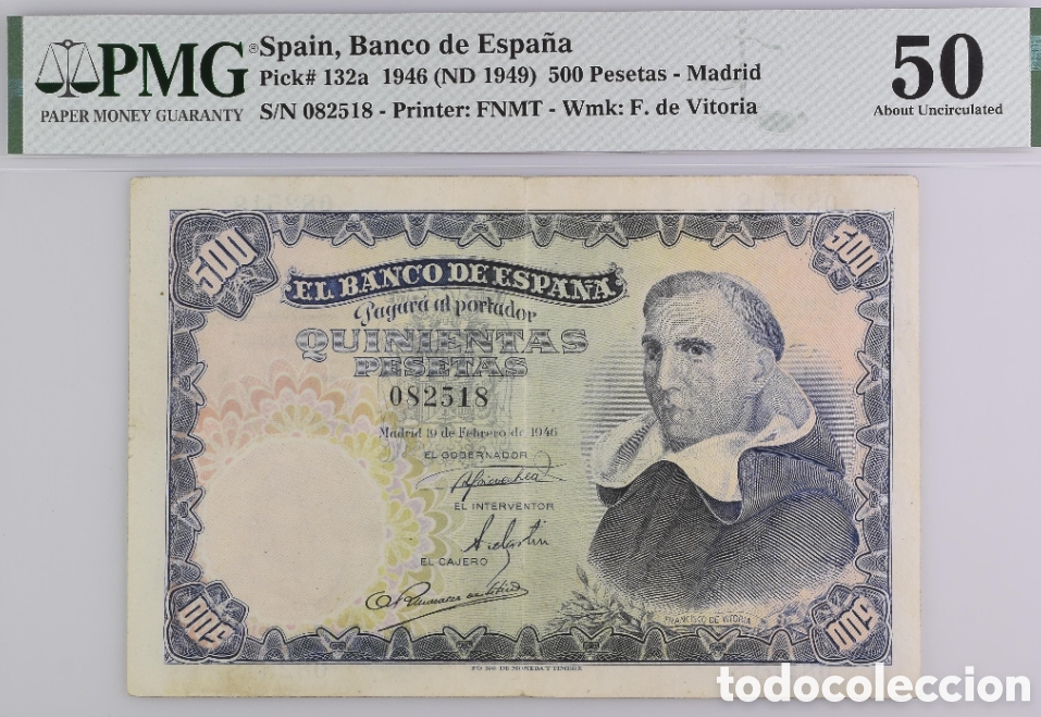 Notas espanholas: Billete 500 PESETAS 1946 -F. VITORIA- PMG 50, sin serie