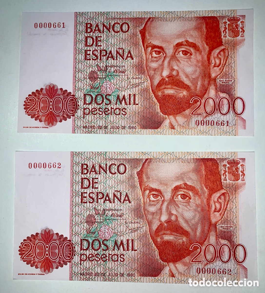 Billetes espa&ntilde;oles: Pareja correlativa billete 2000 pesetas sin serie n&uacute;meros muy bajos