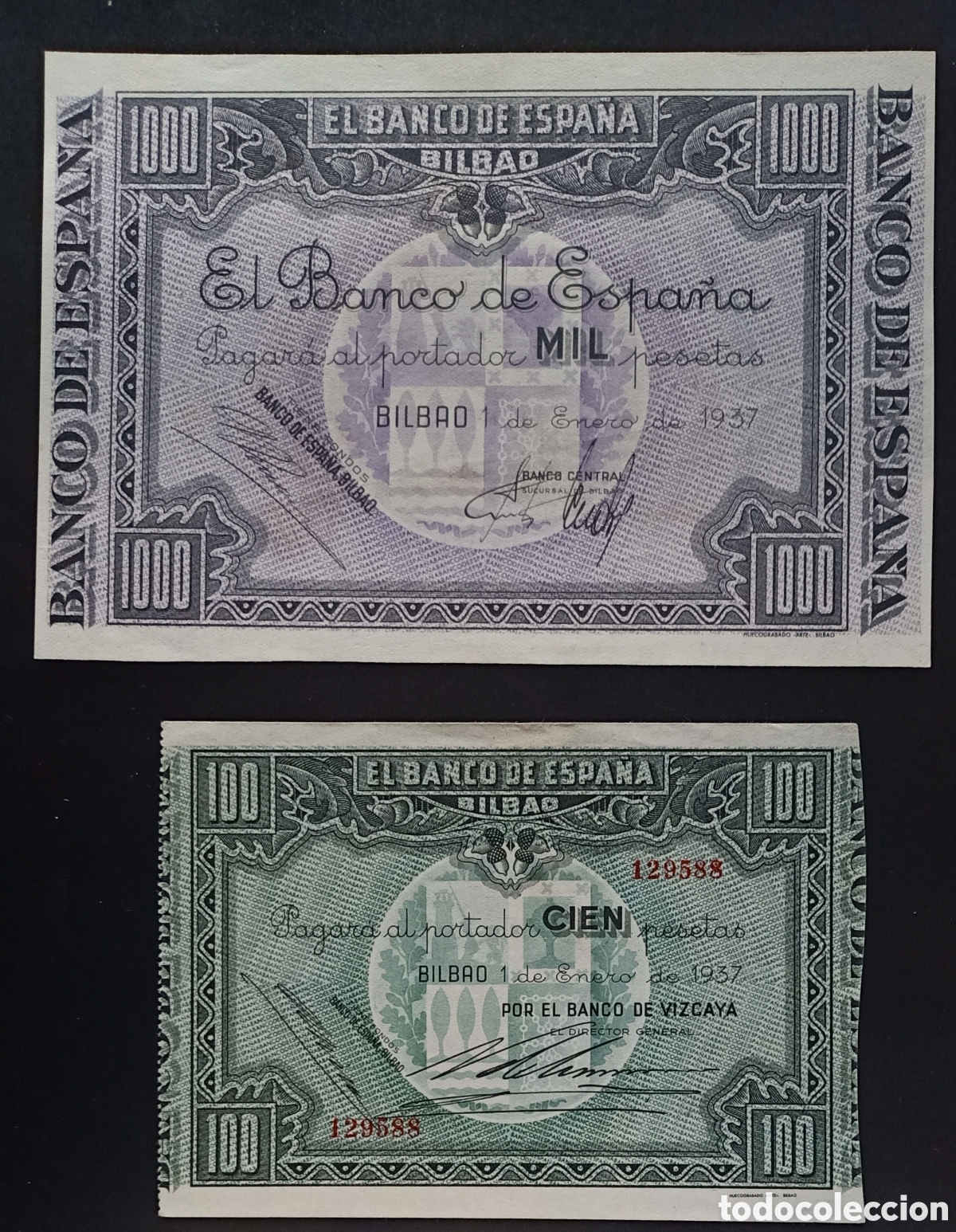 Billets espagnols: Lote de 8 billetes de peseta de la emisi&oacute;n del a&ntilde;o 1937 -BILBAO-