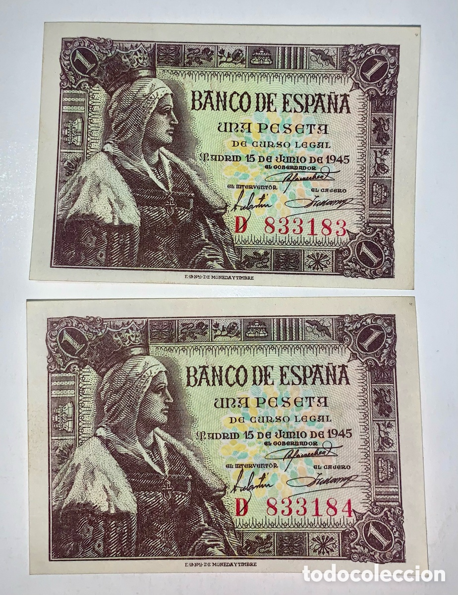 Billetes espa&ntilde;oles: Pareja billetes 1 pta 1945. Sin circular. Serie D.