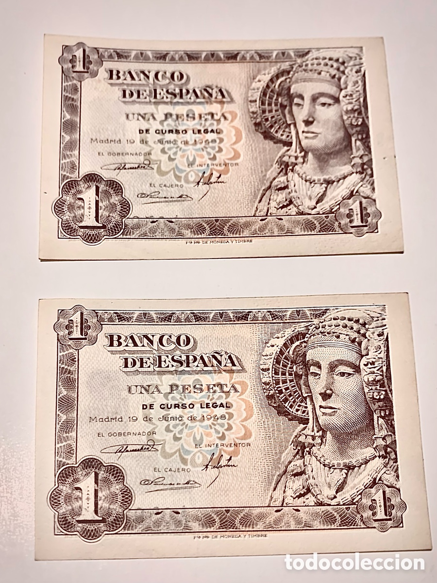 Billetes espa&ntilde;oles: Pareja billetes 1 peseta 1948. Sin circular. Serie A. Correlativos.