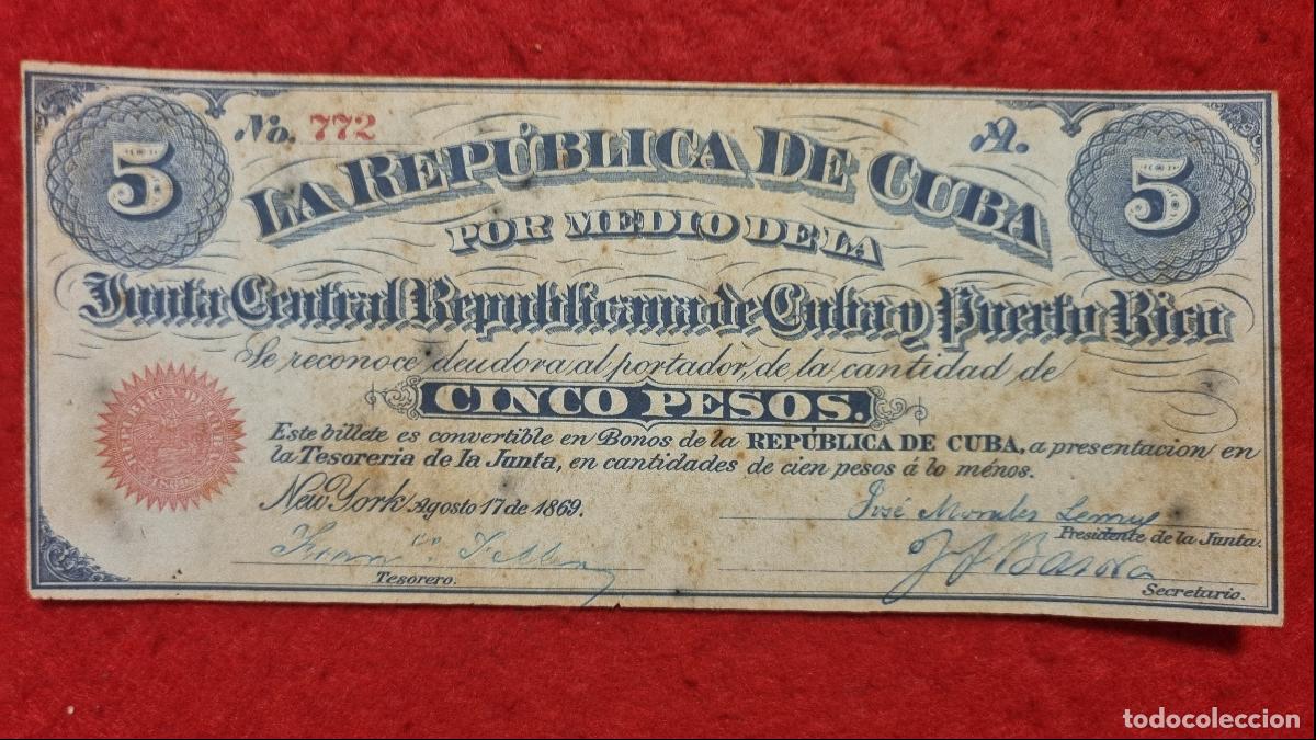 Billetes espa&ntilde;oles: BILLETE 5 PESOS DE CUBA Y PUERTO RICO 1869 EPOCA COLONIAL MBC+ ORIGINAL T772