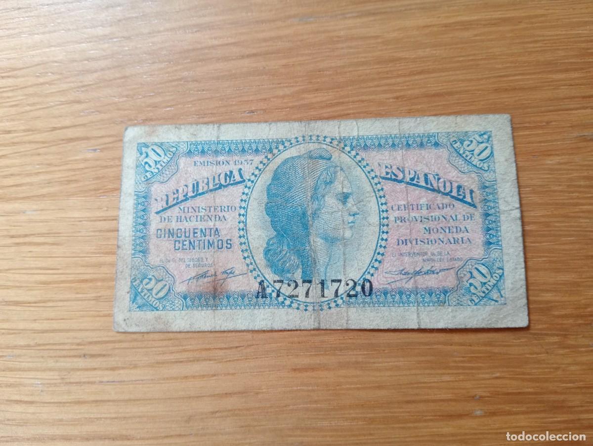 Billetes espa&ntilde;oles: BILLETE DE ESPA&Ntilde;A. 50 C&Eacute;NTIMOS. N.&ordm; DE SERIE: A7271720. A&Ntilde;O 1937 (2&ordf; Rep&uacute;blica). PICK: 93. CIRCULADO