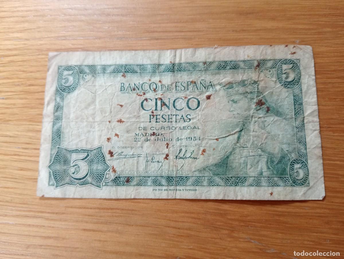 Billets espagnols: BILLETE DE ESPA&Ntilde;A. 5 PESETAS. N.&ordm; DE SERIE: D4611922. A&Ntilde;O 1954. PICK: 146a.2. CIRCULADO. VER FOTOS.