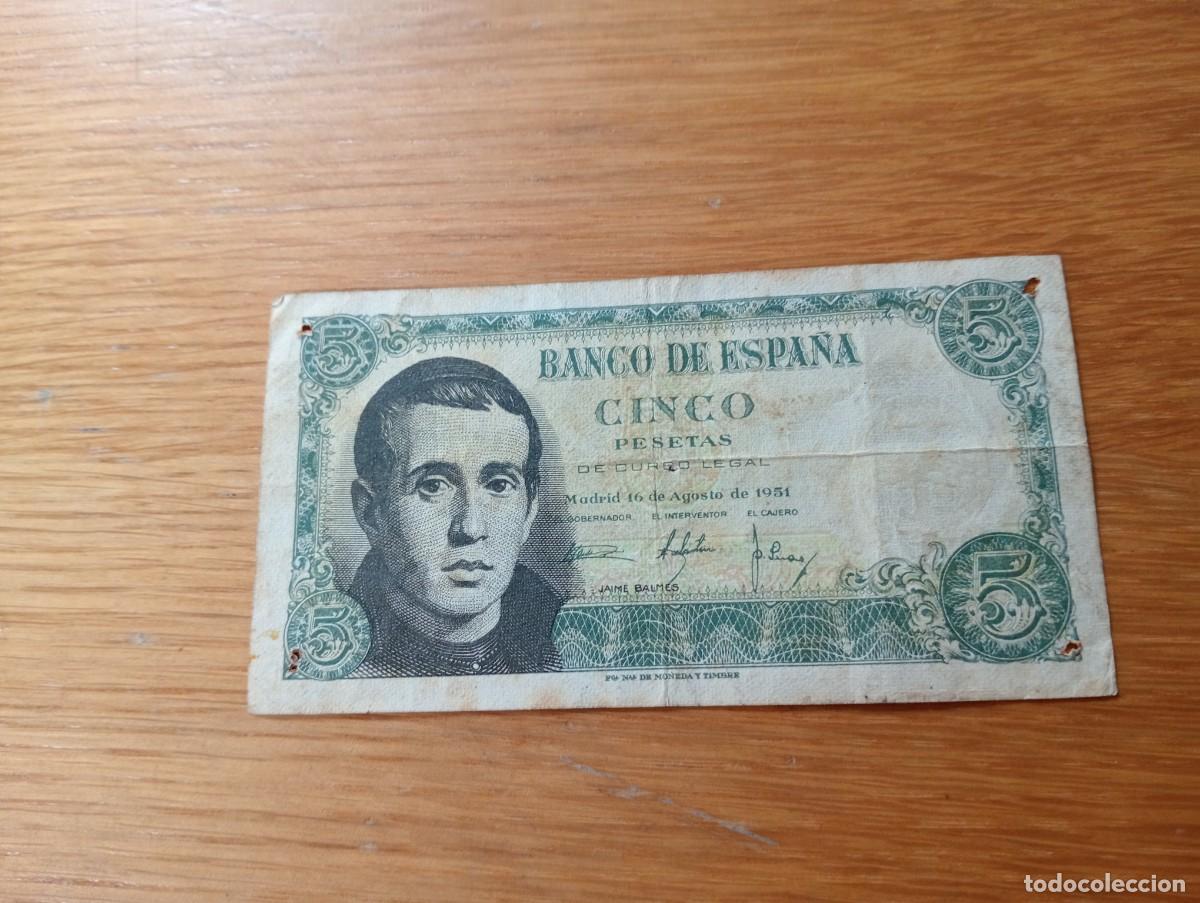 Notas espanholas: BILLETE DE ESPA&Ntilde;A. 5 PESETAS. N.&ordm; DE SERIE: J7586256. A&Ntilde;O 1951. PICK: 140a.1. CIRCULADO. VER FOTOS.