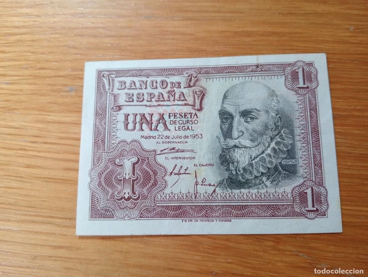 Notas espanholas: BILLETE DE ESPA&Ntilde;A. 1 PESETA. N.&ordm; DE SERIE: A4454924. A&Ntilde;O 1953. PICK 144a.2. CIRCULADO. MBC.VER FOTOS