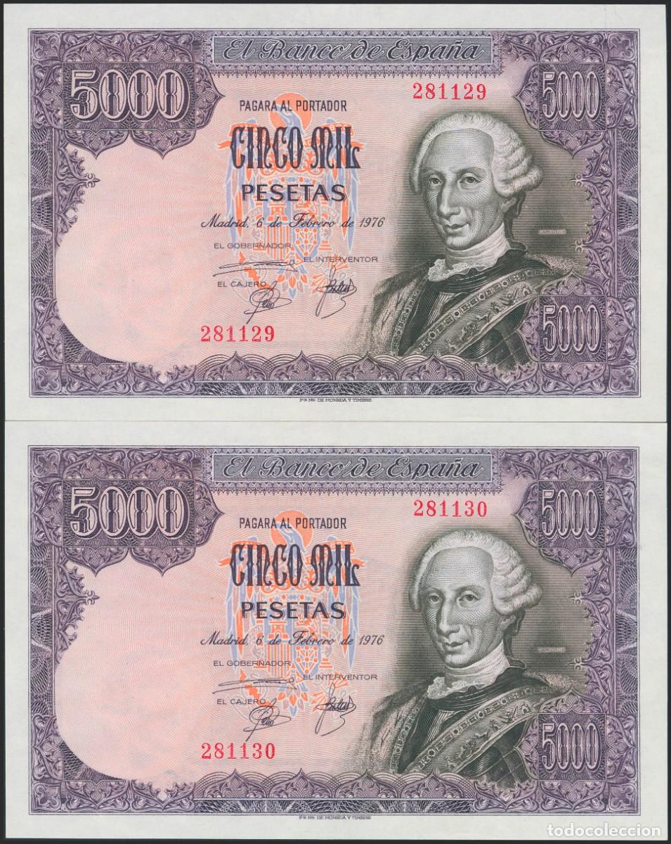 Billetes espa&ntilde;oles: PAREJA CORRELATIVA 5000 PESETAS 1976 SIN SERIE EBC+