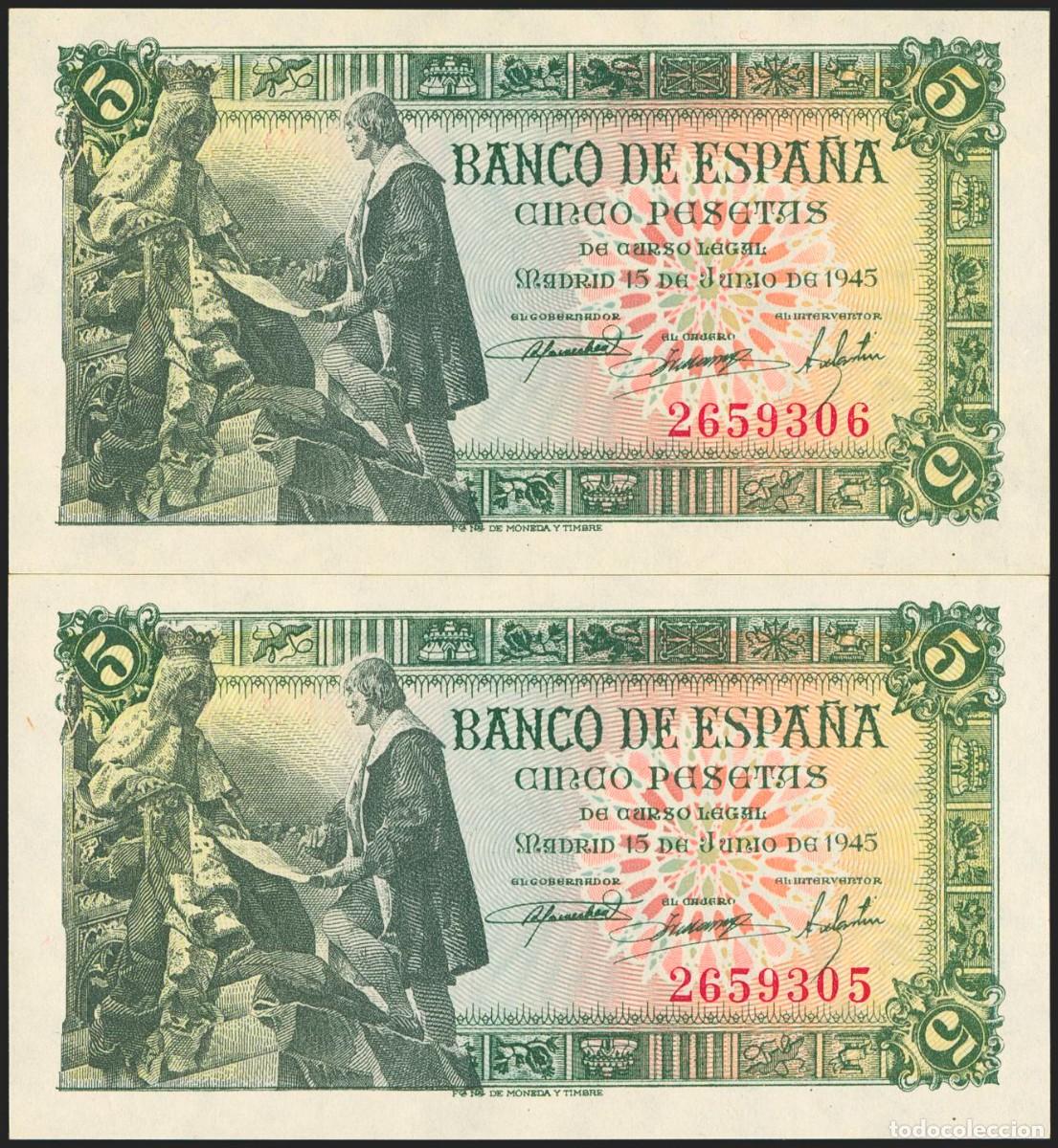 Billetes espa&ntilde;oles: PAREJA CORRELATIVA 5 PESETAS 1945 SIN SERIE S/C-