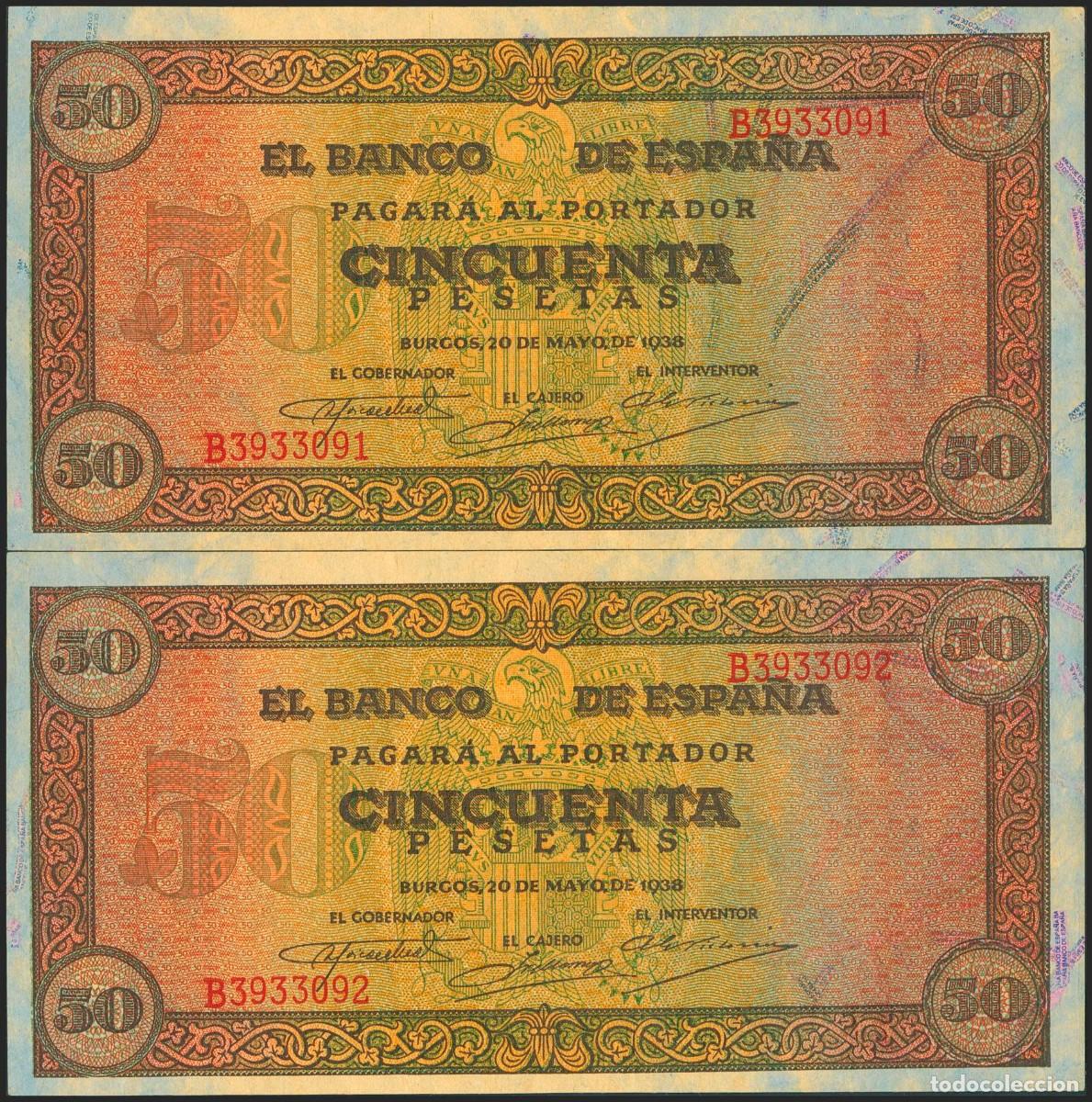 Billetes espa&ntilde;oles: PAREJA CORRELATIVA 50 PESETAS 1938 SERIE B MBC+