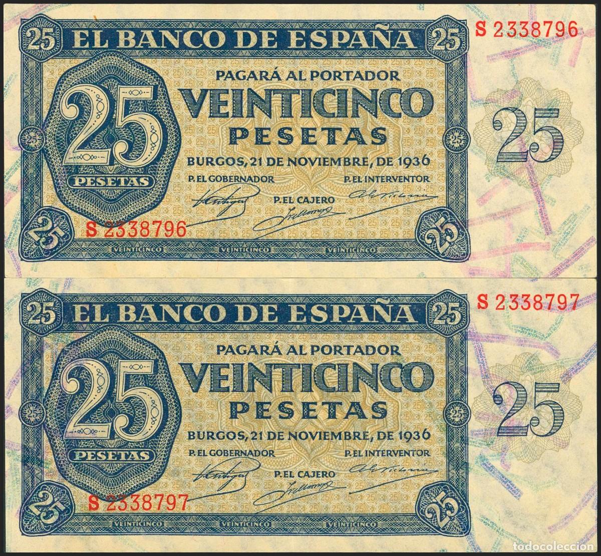 Billetes espa&ntilde;oles: PAREJA CORRELATIVA 25 PESETA 1936 SERIE S , ULTIMA SERIE EBC+
