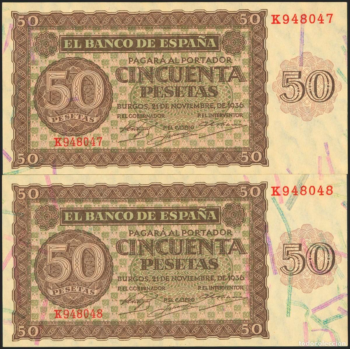 Billetes espa&ntilde;oles: PAREJA CORRELATIVA 50 PESETAS 1936 SERIE K EBC+