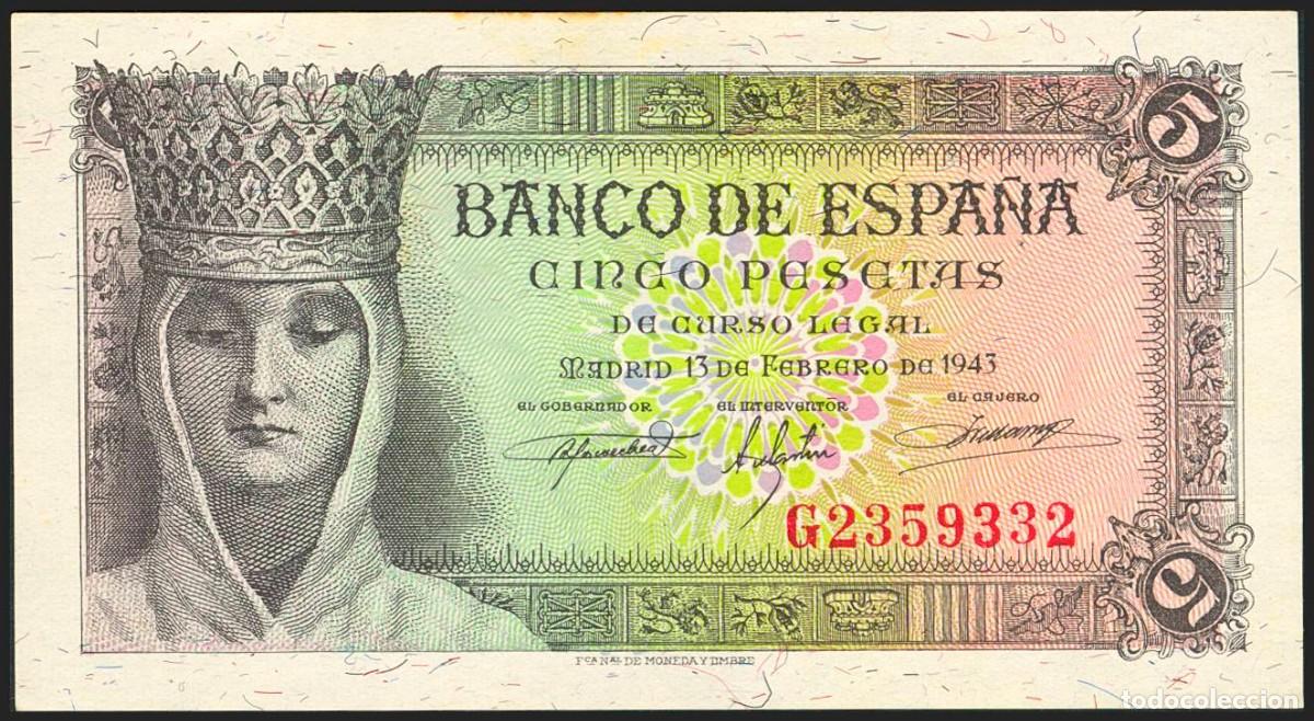 Billetes espa&ntilde;oles: 5 PESETAS 1943 SERIE G EBC+
