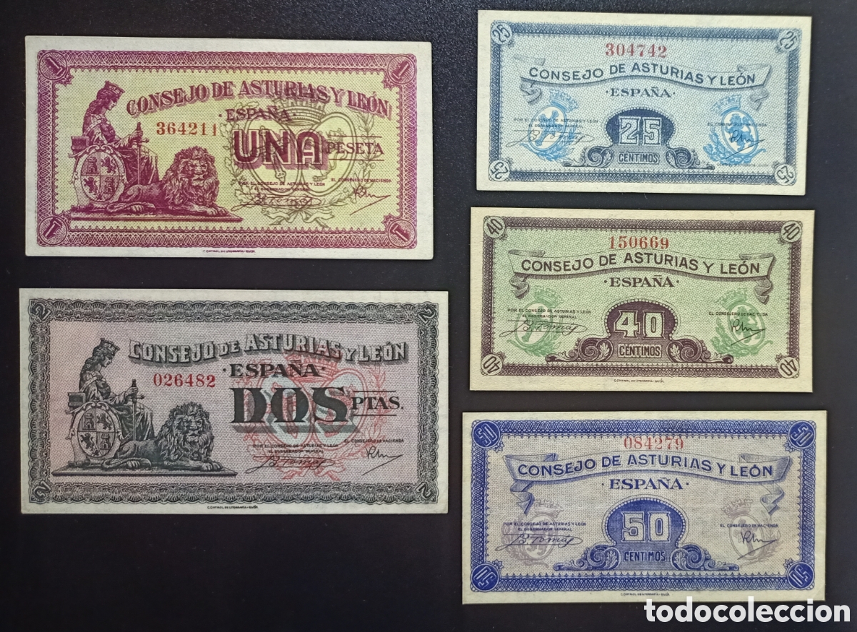 Billets espagnols: Lote de los 5 billetes Consejo de Asturias y Le&oacute;n a&ntilde;o 1937