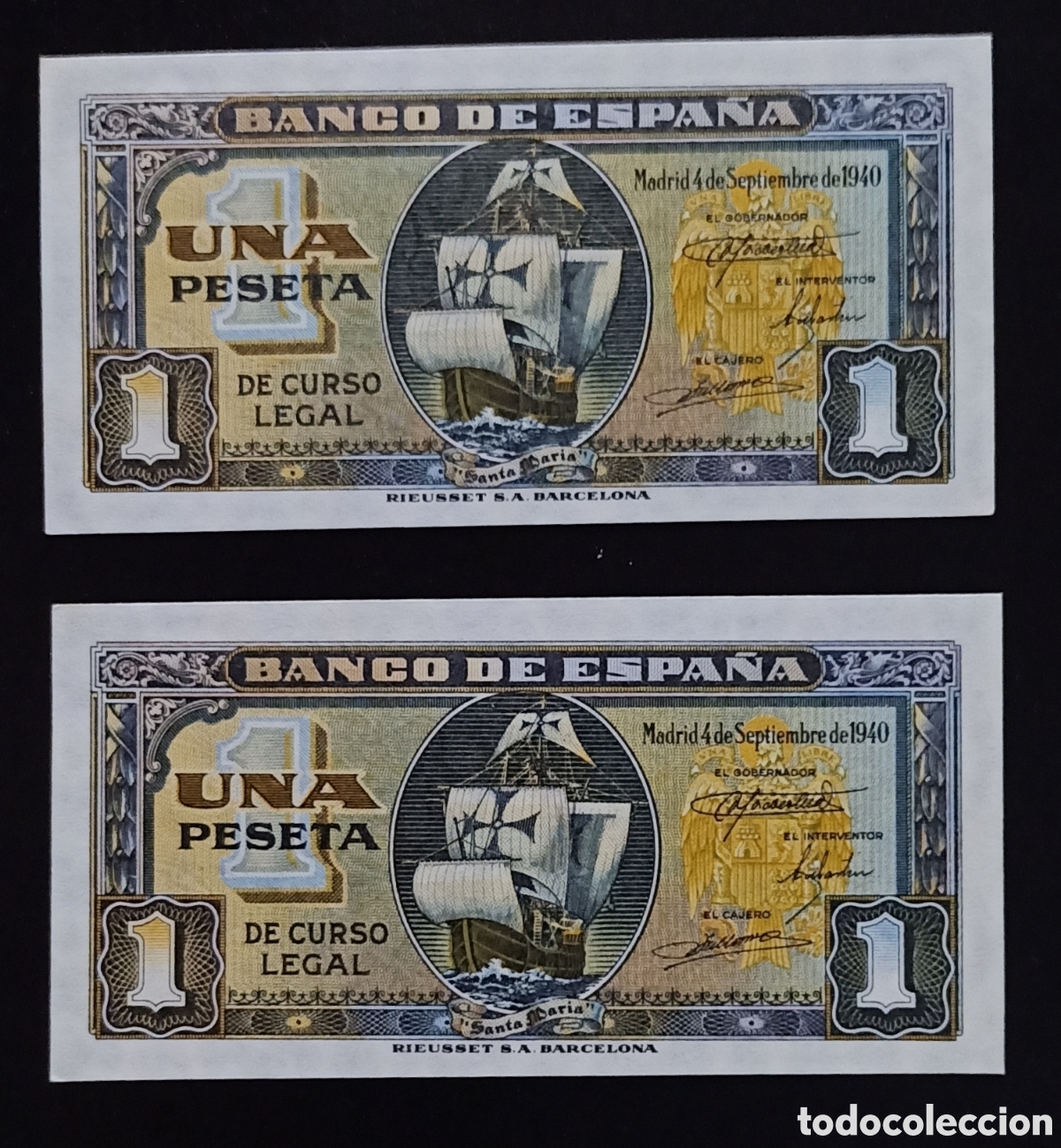 Notas espanholas: Pareja correlativa billete 1 PESETA 1940 -CARABELA- serie A