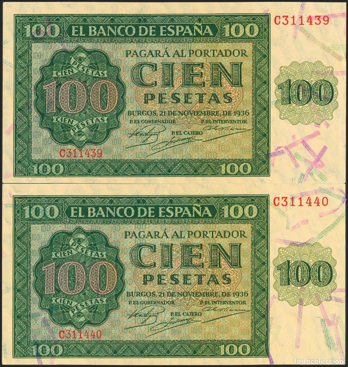 Billetes espa&ntilde;oles: PAREJA CORRELATIVA 100 PESETAS 1936 SERIE C EBC+