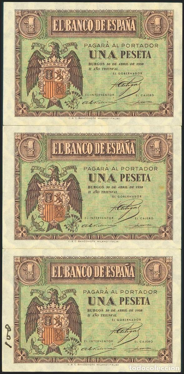 Billetes espa&ntilde;oles: TRIO CORRELATIVO 1 PESETA ABRIL 1938 SERIE A EBC-/EBC
