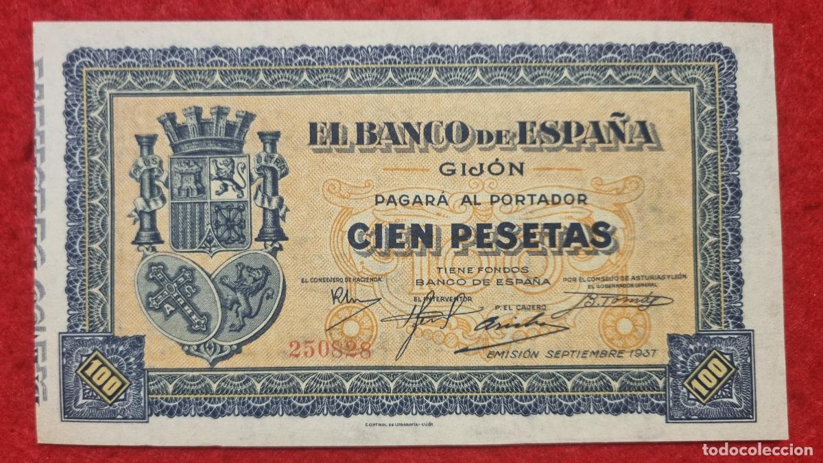 Banconote spagnole: BILLETE 100 PESETAS BANCO ESPA&Ntilde;A DE GIJON 1937 SIN CIRCULAR SIN SERIE ORIGINAL T828