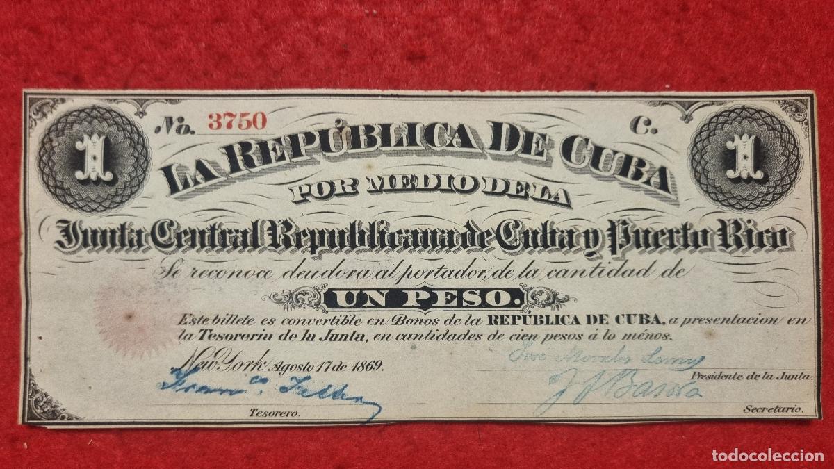 Billetes espa&ntilde;oles: BILLETE 1 PESO DE CUBA Y PUERTO RICO 1869 EPOCA COLONIAL ESPA&Ntilde;OLA EBC SIN CIRCULAR ORIGINAL T750