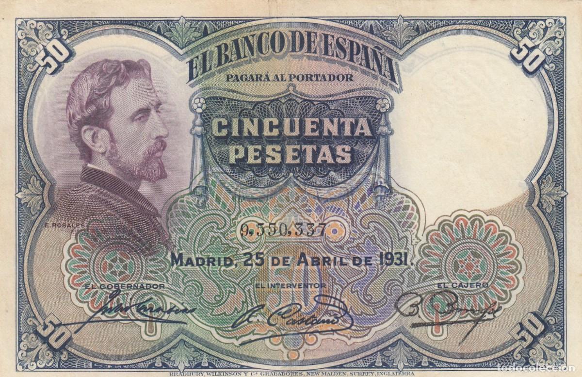 Billets espagnols: II Rep&uacute;blica Banco de Espa&ntilde;a (Madrid) - Billete 50 ptas. Sin Serie 9550337- E. 25-4-1931 MBC+