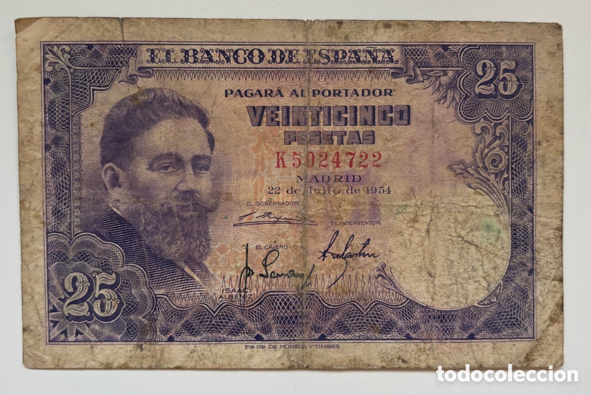 Billetes espa&ntilde;oles: Billete 25 Pesetas 1954