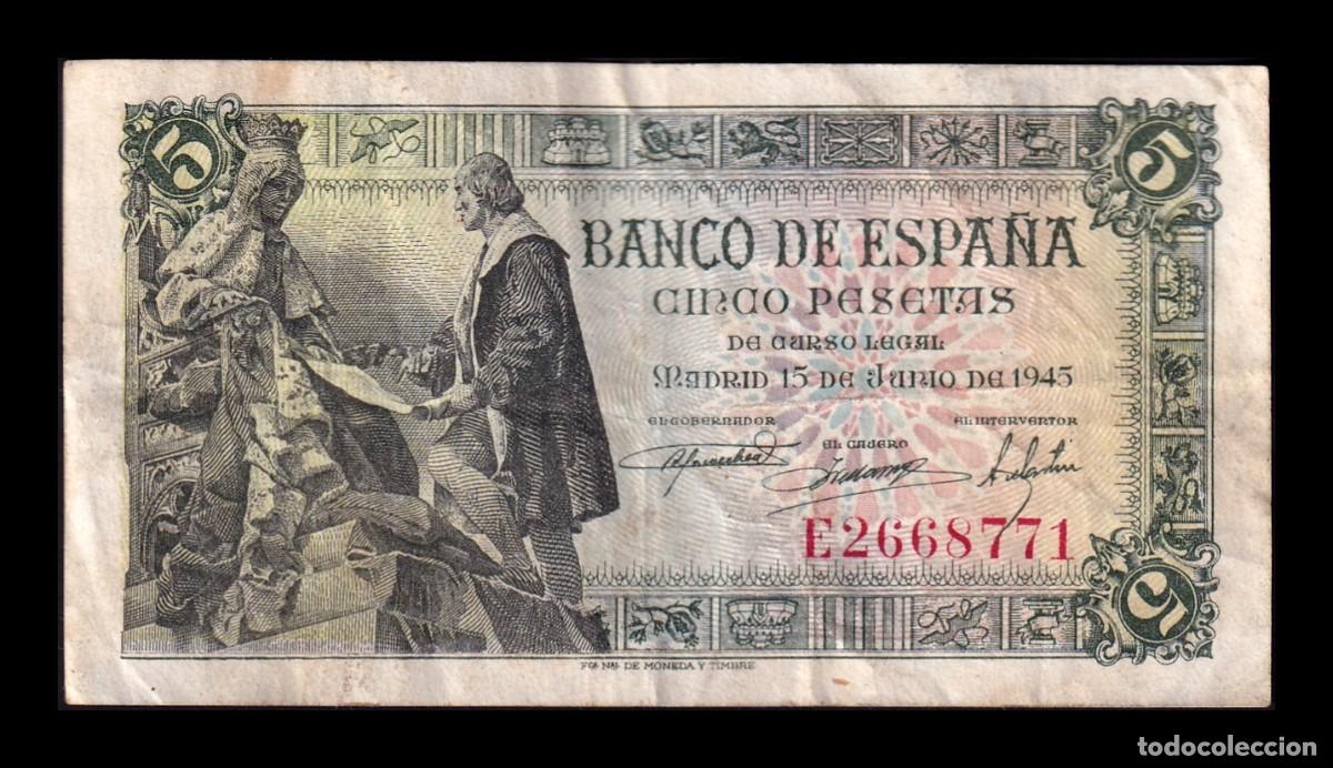 Billetes espa&ntilde;oles: Espa&ntilde;a 5 Pesetas Capitulaciones 1945 Pick 129a Serie E Bc/Mbc F/Vf