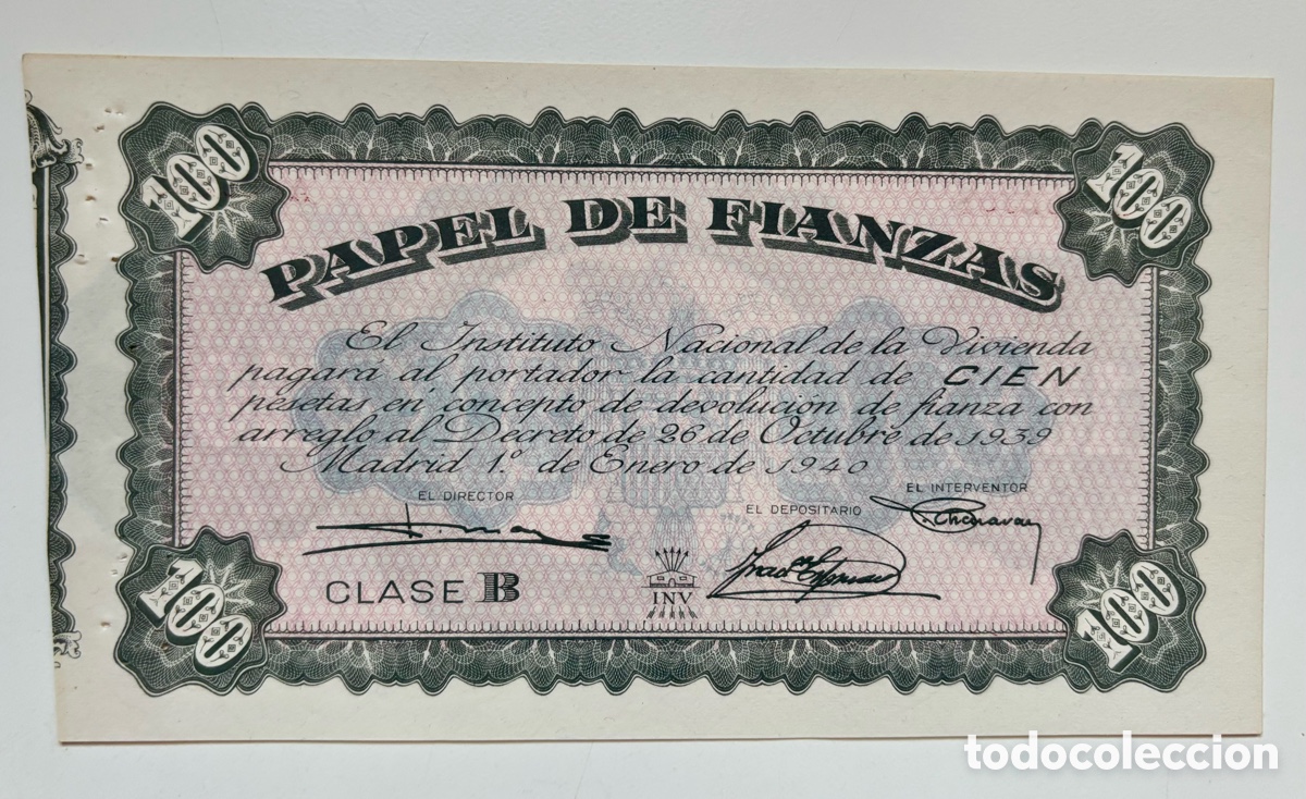 Billetes espa&ntilde;oles: PAPEL DE FIANZAS 100 Pesetas 1939-1940 Clase B