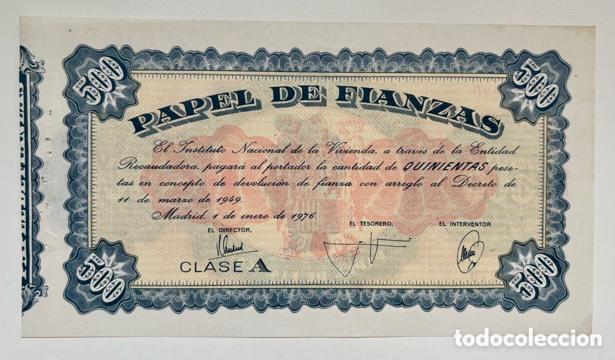 Billetes espa&ntilde;oles: PAPEL DE FIANZAS 500 Pesetas 1949-1976 Clase A