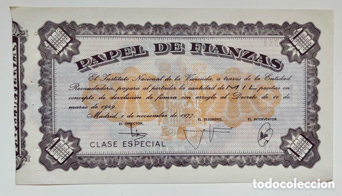 Billetes espa&ntilde;oles: PAPEL DE FIANZAS 1000 Pesetas 1949-1977 . Clase Especial