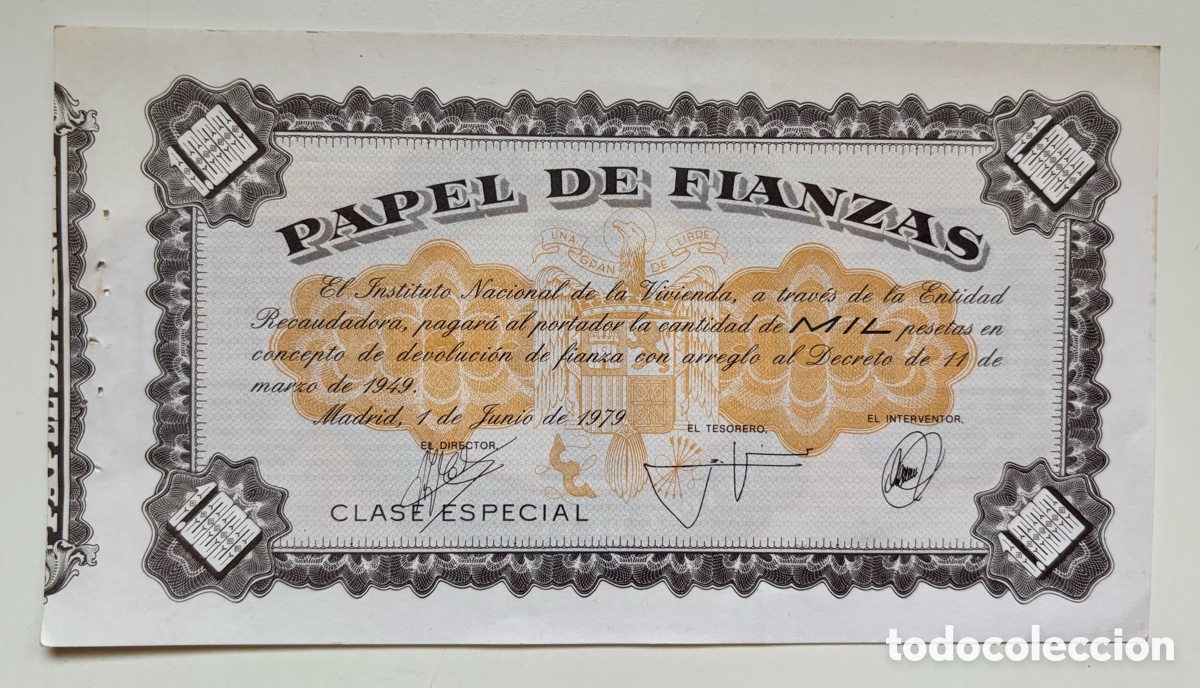 Billetes espa&ntilde;oles: PAPEL DE FIANZAS 1000 Pesetas 1949-1979. Clase Especial