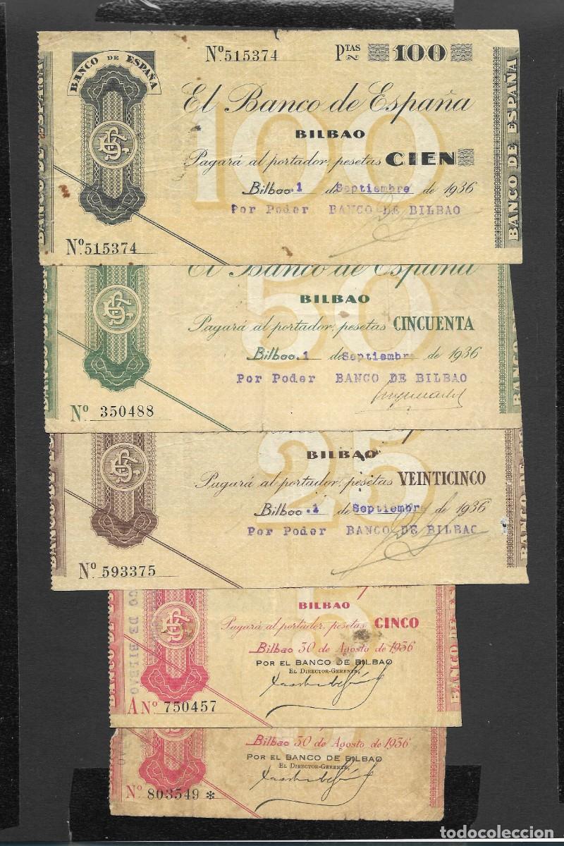 Billetes espa&ntilde;oles: 5 BILLETES (2) 5-25-50-100 PESETAS 1936 BILBAO MBC-