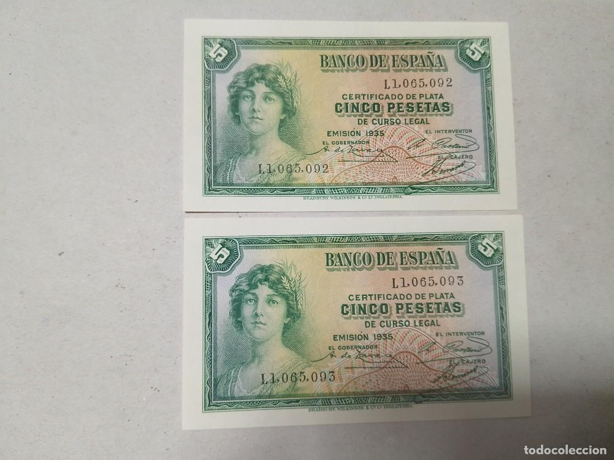 Billetes espa&ntilde;oles: Pareja correlativa 5 pesetas 1935 serie L, &uacute;ltima emitida, sc/plancha