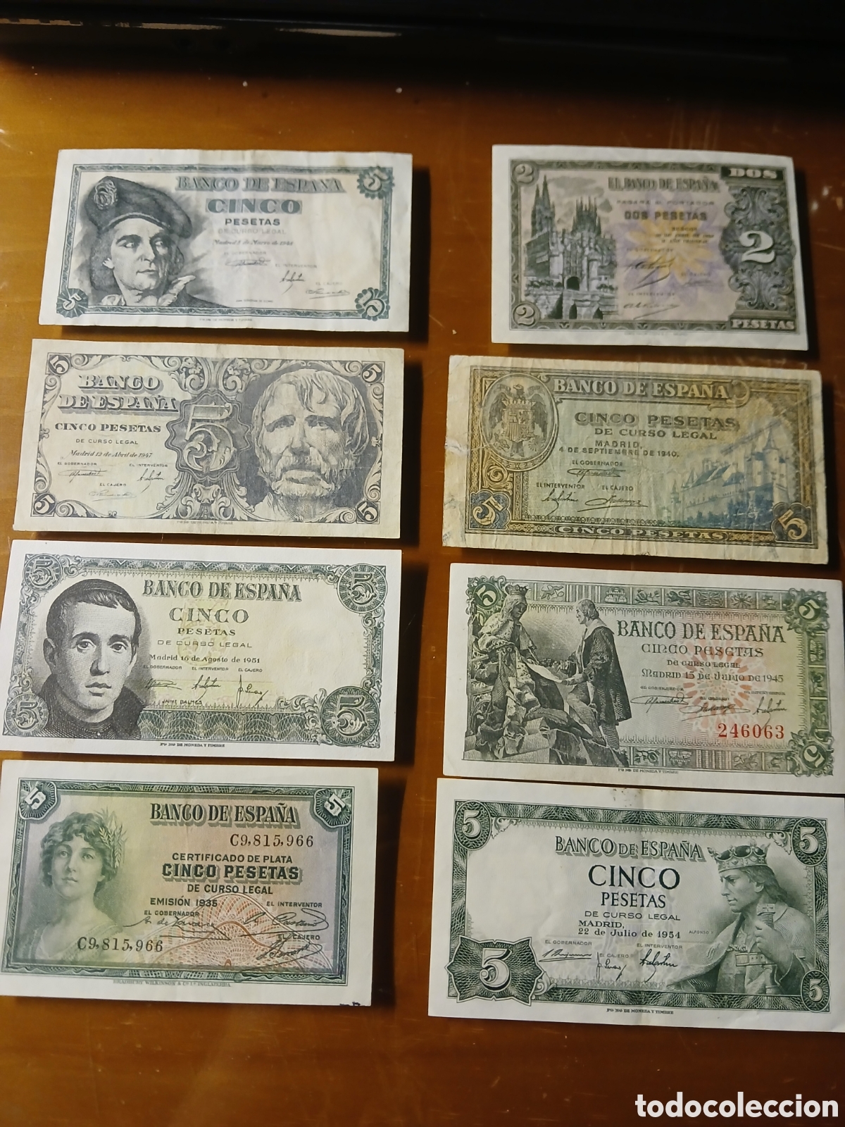Billetes espa&ntilde;oles: LOTE, 7 BILLETES ESPA&Ntilde;OLES DE 5 PESETAS Y UNO DE 2 PESETAS.