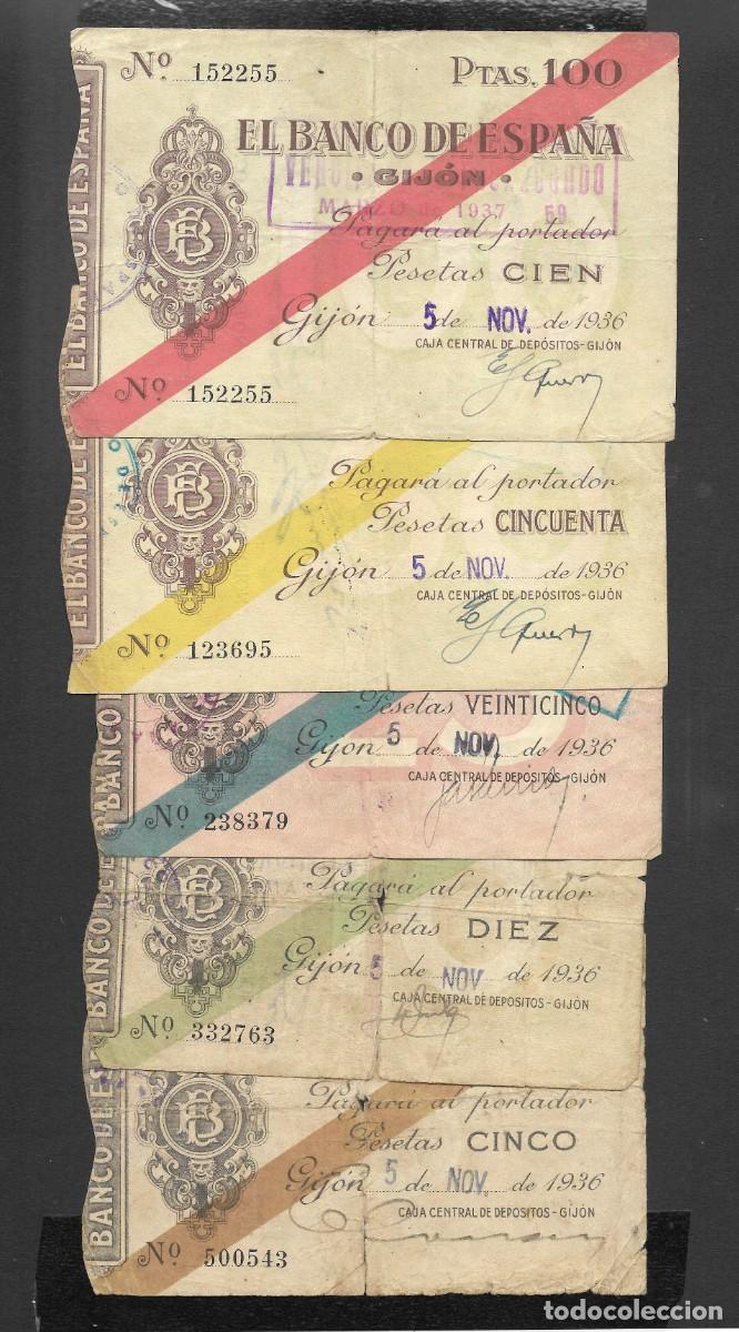 Billetes espa&ntilde;oles: 5 BILLETES 5-10-25-50-100 PESETAS 1936 GIJON