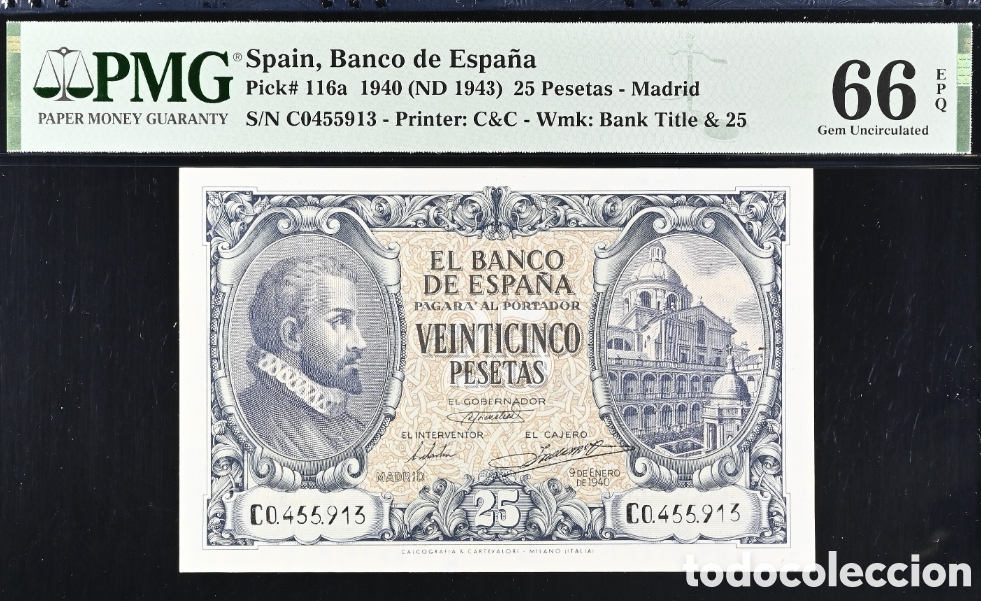 Billets espagnols: Billete 25 PESETAS 1940 -JUAN HERRERA- PMG 66 EPQ, serie C