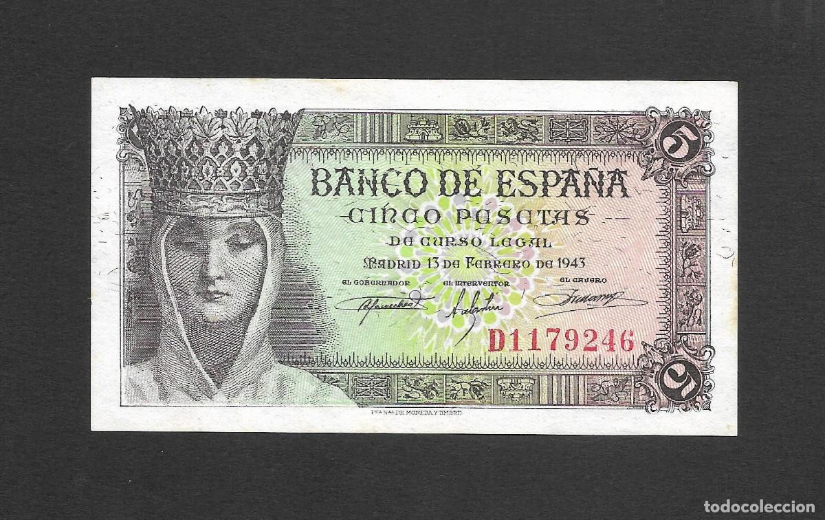 Billetes espa&ntilde;oles: 5 PESETAS 1943 SERIE D S/C-