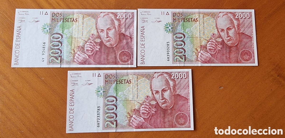 Billetes espa&ntilde;oles: Lote tres billetes 2000 pesetas Bot&aacute;nico Mutis buen estado
