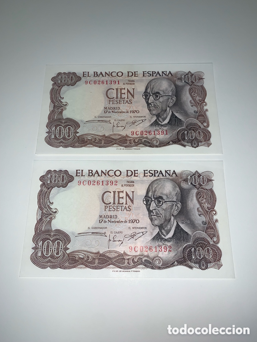 Billetes espa&ntilde;oles: Pareja de billetes de 100 pesetas de 1970. Serie 9C . Sin circular. Correlativos.