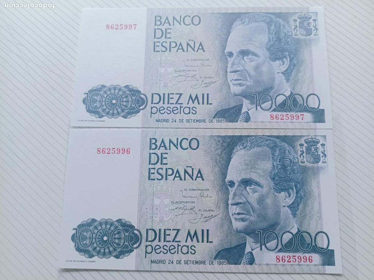 Billetes espa&ntilde;oles: Pareja correlativa SC sin circular SIN SERIE de 10000 pesetas de 1985