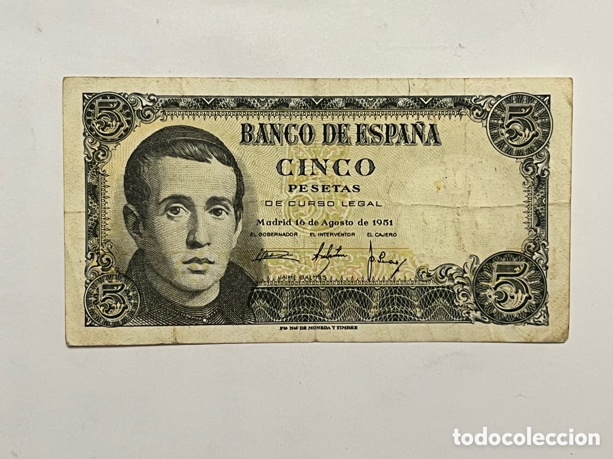 Billetes espa&ntilde;oles: ESPA&Ntilde;A - BILLETE 5 PESETAS 1951 - JAIME BALMES