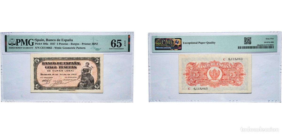 Billetes espa&ntilde;oles: Spain Kingdom 1937 5 Pesetas - Burgos Paper (38863000) PMG Gem Uncirculated 65 EPQ P 106a