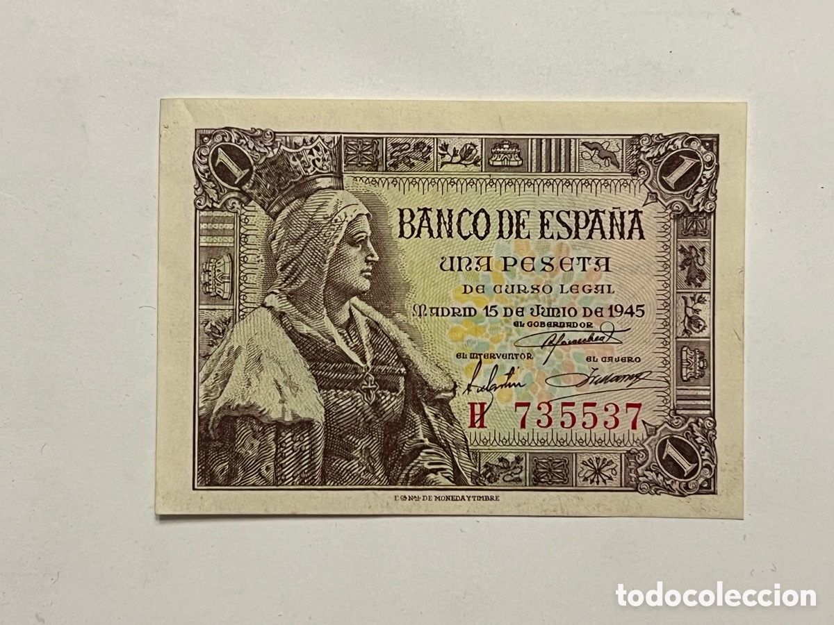 Notas espanholas: BILLETE ESPA&Ntilde;A 1 PESETA 1945 ISABEL LA CAT&Oacute;LICA SERIE H (sin circular)