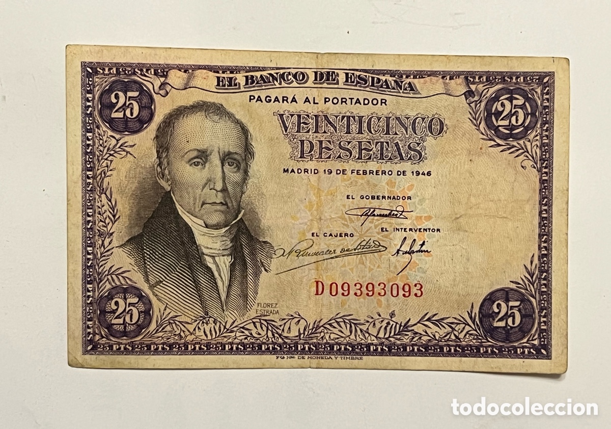 Billetes espa&ntilde;oles: BILLETE DE 25 PESETAS DEL A&Ntilde;O 1946 DE FLOREZ ESTRADA SERIE D