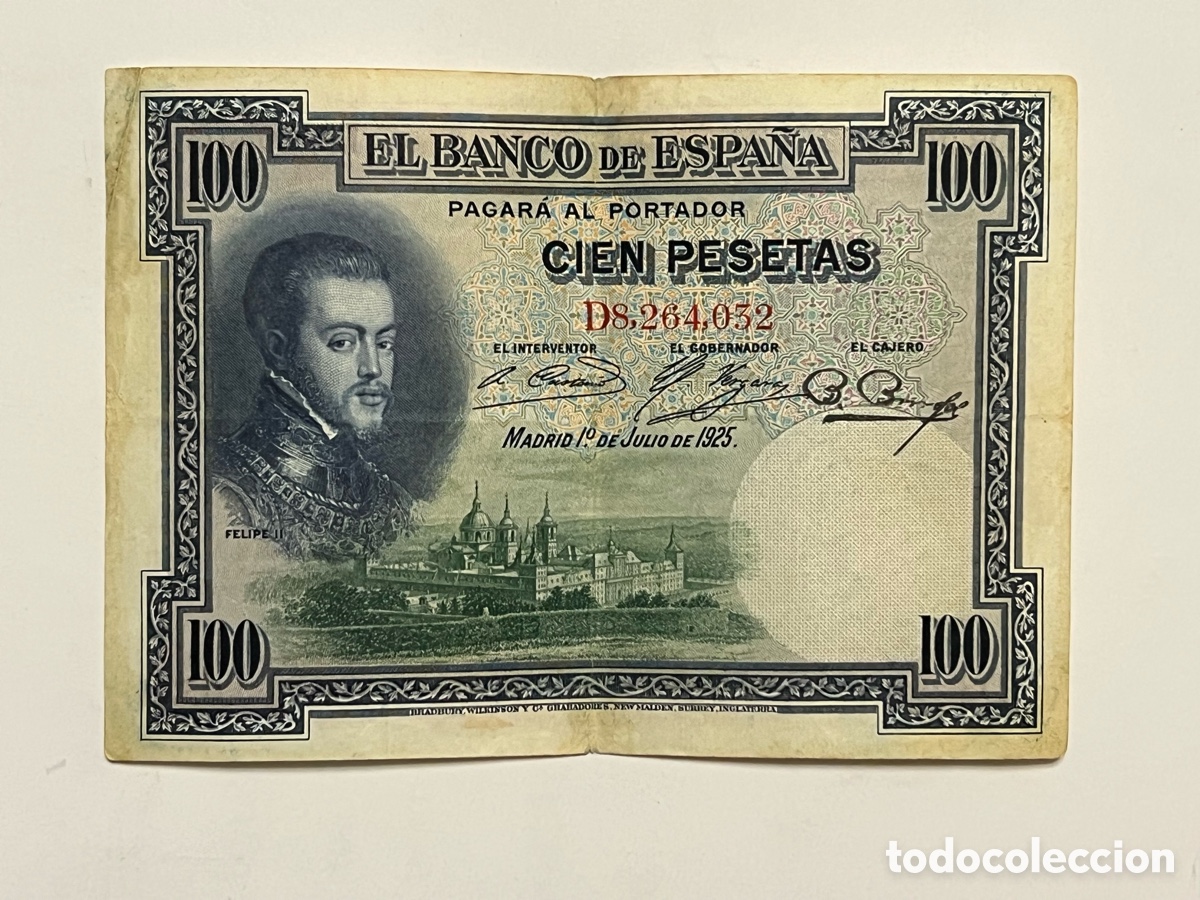 Notas espanholas: ESPA&Ntilde;A BILLETE 100 PESETAS DEL A&Ntilde;O 1925 (FELIPE II) SERIE - D